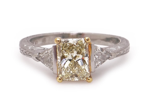 Beautiful Platinum 18k Yellow Gold Radiant Cut 1ct Fancy Yellow Diamond Three Stone Engagement Promise Anniversary Ring GIA Certificate