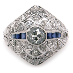 Art Deco Platinum 1.15ct Round European Natural Diamond Sapphire Filigree Dome Band Ring Size 7