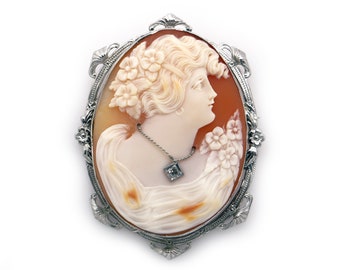 Beautiful 14k White Gold Carved Shell Cameo Woman Wearing Diamond Pendant Brooch Pin
