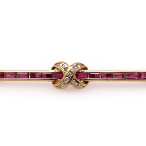 Beautiful 18k Yellow Gold 1.46ct Baguette Cut Natural Ruby Round Diamond X Brooch Bar Pin