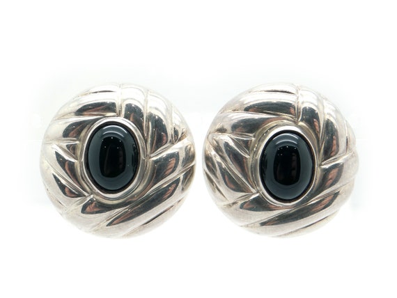 Sterling Silver Cabochon Black Onyx Button Stud P… - image 1