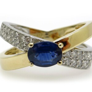 Amazing 14k Yellow White Gold 1.37ct Oval Natural Sapphire Diamond Crossover Band Ring Size 7