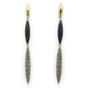 John Hardy Spear Hammered Black Sapphire Silver 18k Gold Dangle Drop Earrings