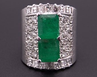 Incredible Platinum 4.78ct Emerald Cut Emerald Round Ascher Cut Diamond Wide Band Ring Sz 7