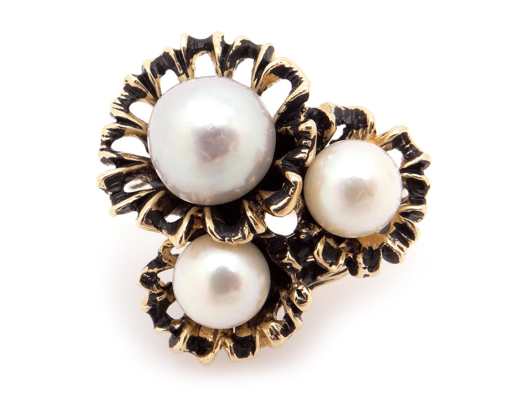 Amazing 14k Yellow Gold White Gray Grey Akoya Pearl Flower Leaf Cluster ...