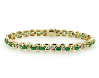 Amazing Natural 14k Yellow Gold 2.24ct Marquise Emerald Diamond Tennis Link Bracelet 7 inch
