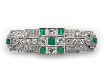 Retro 18k White Gold 2.40ct Round Cut Natural Diamond Emerald Cut Emerald Filagree Brooch Pin