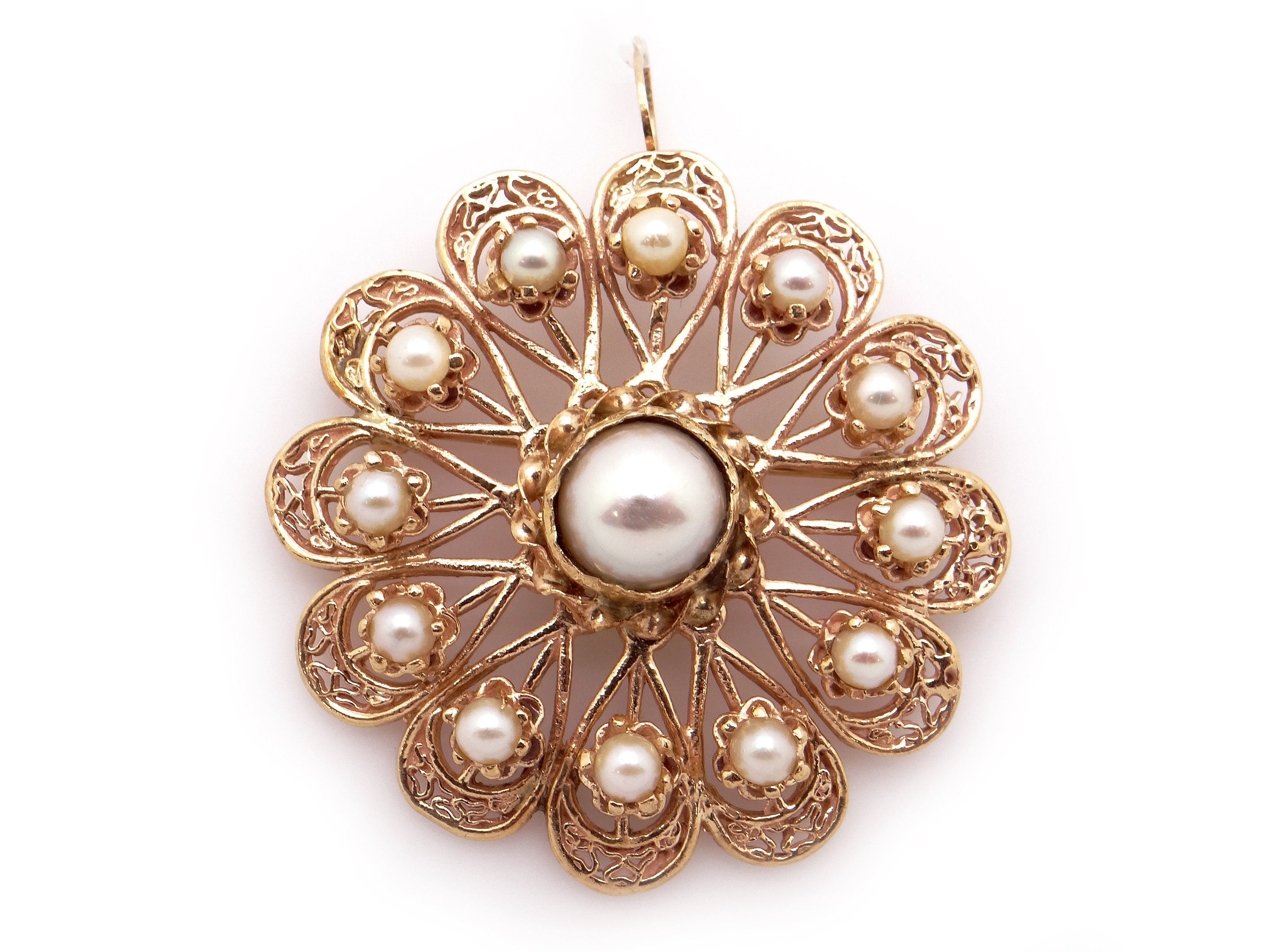 Floral Design Vintage Pearl & Jade Brooch Pin 14K Yellow Gold EraGem Estate, Antique & Vintage Jewelry