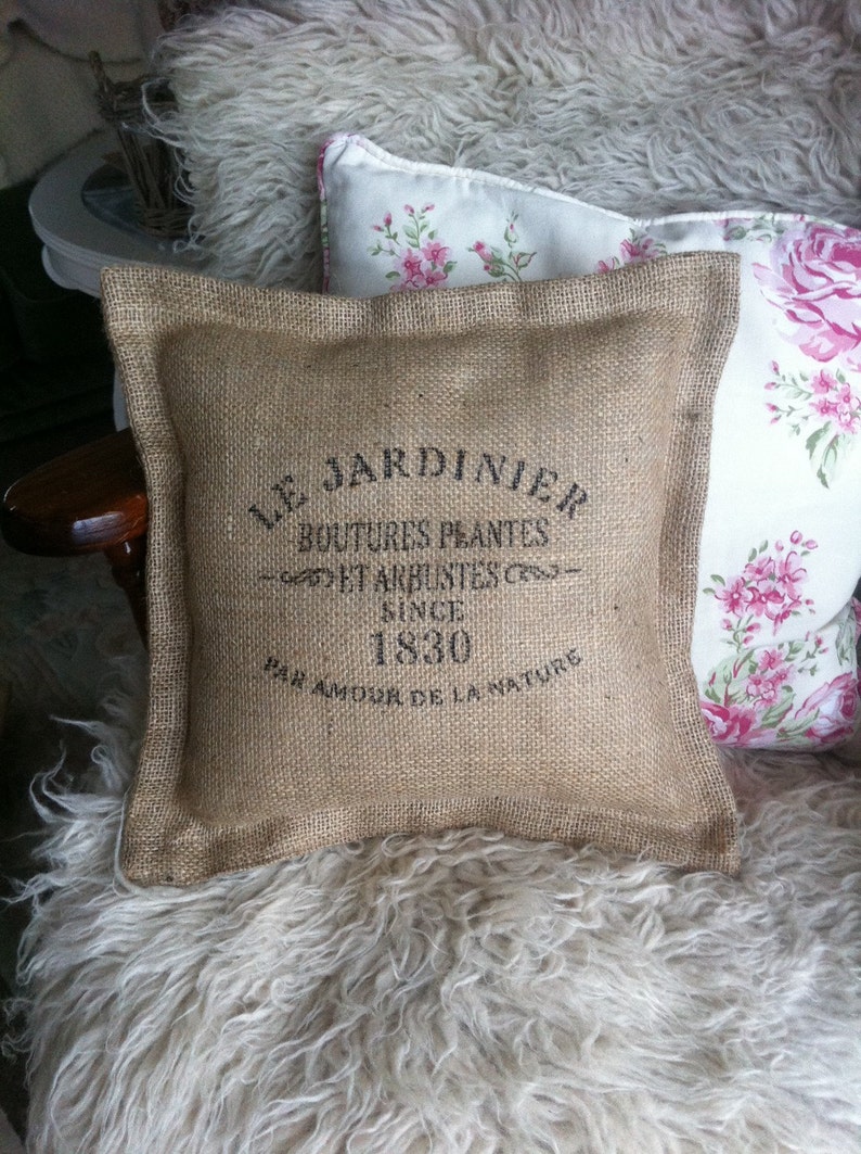 Hessian burlap Cushion, vintage, rustic, French shabby chic. Gift. Rustic. Farmhouse. Grain sack. Christmas present. image 5