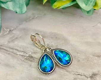 Teardrop Rhinestone Earrings: Iridescent Turquoise Blue, Vintage Style