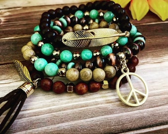 The Genevieve Set Gemstone Jewelry with Tassels /& Charms Layered Gemstone Stack Bracelets Gray Bohemian Bracelets for Everyday Green