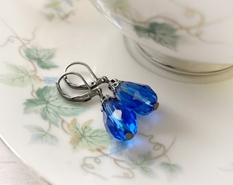 Victorian Sapphire Blue Earrings: Gunmetal Leverback Hooks