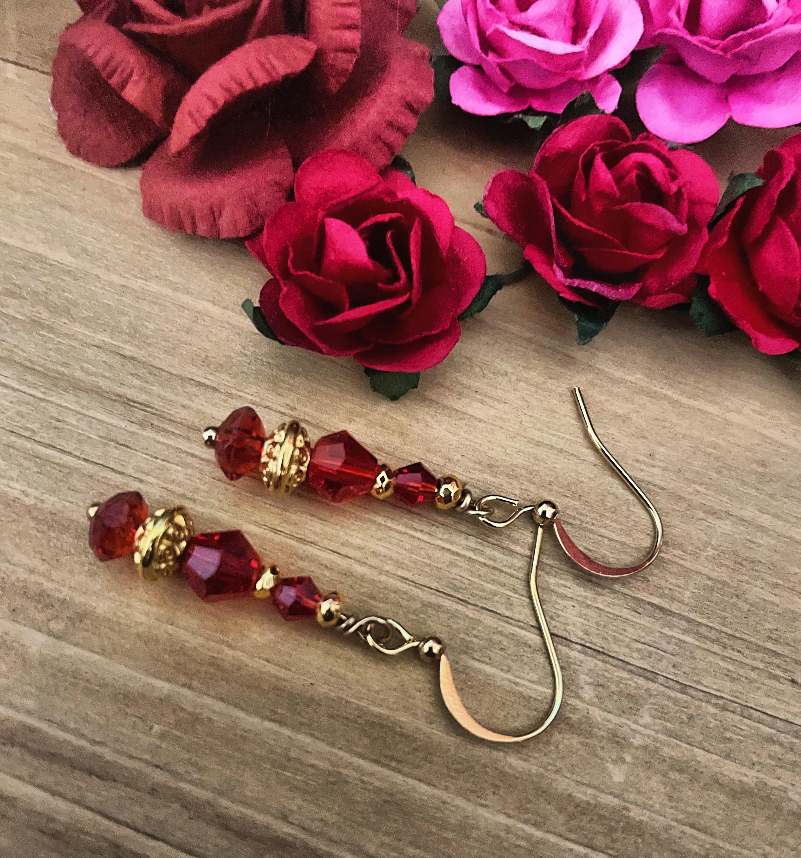 Ruby Red Crystal Dangle Earrings, Gold Plated, Hypoallergenic - Etsy