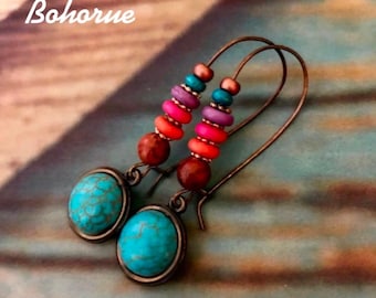 Boho Earrings/Bohemian Turquoise Earrings/Rainbow Colored Earrings/Tri Color Kidney Wire Earrings