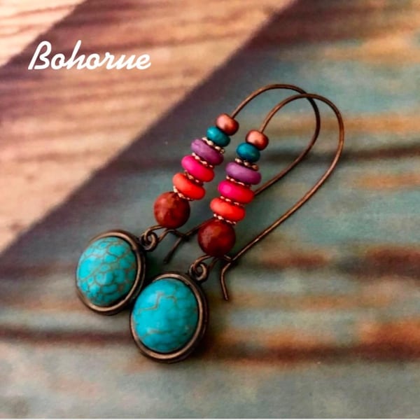 Pendientes turquesa estilo bohemio: Cuentas en forma de platillo arcoíris, alambre de bronce antiguo.