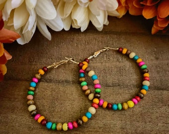 Boho  Hoop Earrings/Big Hoop Festive Earrings/Hoop Earrings/Rainbow Earrings/Beaded Hoop Earrings/Hippie Earrings