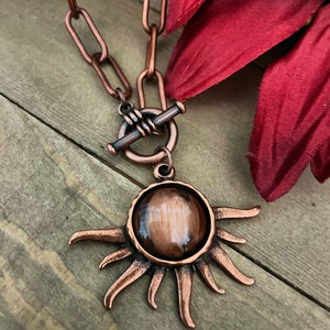 Paperclip Chain Necklace/Sun Necklace/Antique Copper Sun Necklace/Red copper toggle necklace