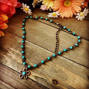 Turquoise beaded choker/Beaded choker/Flower choker/Dainty necklace/Hippie Choker/Boho necklace/Turquoise rosary choker/Rosary necklace image 2
