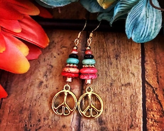 Peace Sign Earrings/Gold Peace sign earrings//Peace Sign jewelry/Boho earrings/Gypsy earrings/Gemstone earrings/Women’s jewelry