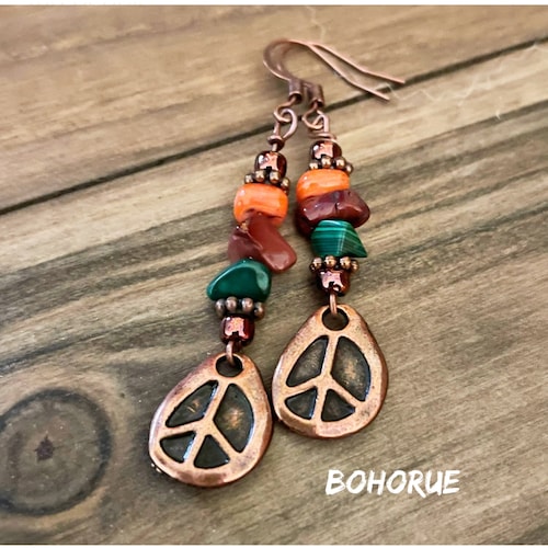 Copper Peace Sign Earrings: Malachite, Tiger Eye & Shell Boho Jewelry