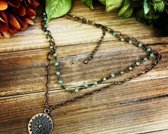 Medallion choker/Copper medallion/beaded necklace/layered choker/layered rosary necklace/BoHo necklace/BoHo choker/Copper necklace/Boho