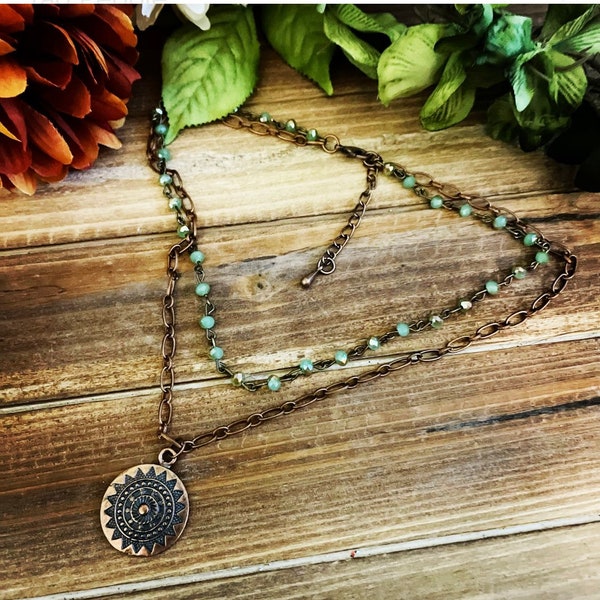 Copper Medallion Layered Necklace: Beaded Boho Choker