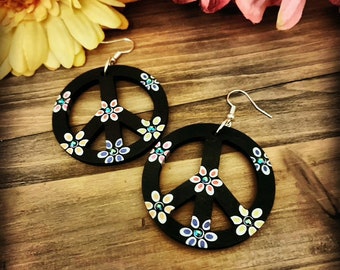 Hand-Painted Wood Peace Sign Earrings: Boho Rhinestone Jewelry