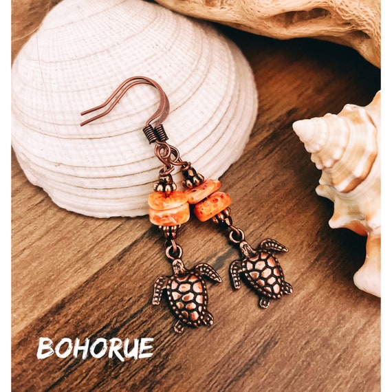 Copper Turtle Earrings: Natural Spiny Oyster Shell Beach Jewelry