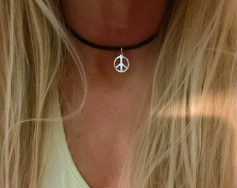 Peace Sign Choker: Black Vegan Suede, Stainless Steel Charm