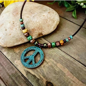 Patina Peace Sign Necklace: Boho Czech Glass Beaded Leather Choker
