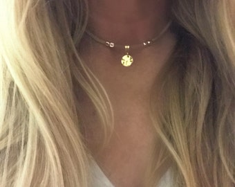 Boho choker/Gold bohemian necklace/hippie necklace/gypsy jewelry/hammered disc necklace/hammered disc choker/Southwestern choker/Gold disc