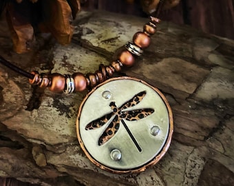 Dragonfly necklace/dragonfly Jewelry/Leather Necklace/dragonfly copper necklace