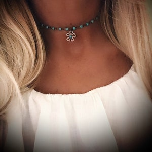 Turquoise beaded choker/Beaded choker/Flower choker/Dainty necklace/Hippie Choker/Boho necklace/Turquoise rosary choker/Rosary necklace image 1