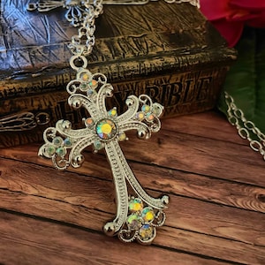 AB Crystal Cross Necklace: Silver Plated Religious Pendant, 28” Chain