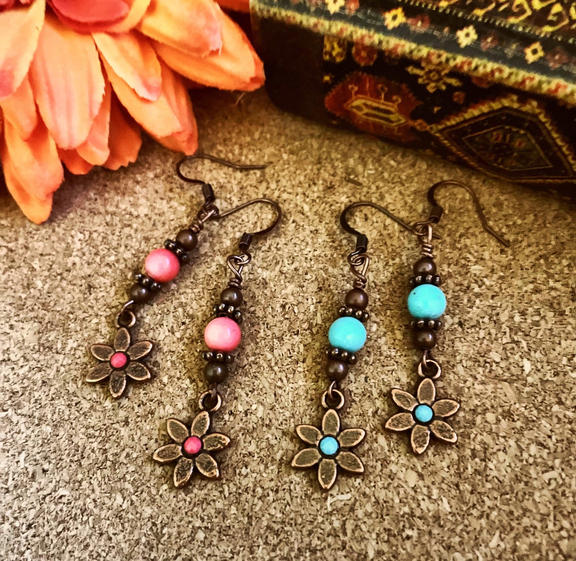 Copper Flower Earrings/flower Earrings/copper Earrings/boho Etsy