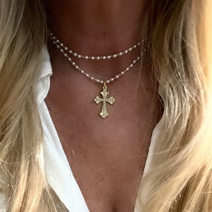 Cross Rosary Necklace/Cross Necklace/Tiny Pearl Necklace/Layered Cross Necklace/Long Cross Necklace