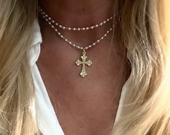 Layered Pearl Cross Necklace: Gold Medal, Cream Glass Beads