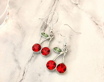 Cherry Earrings/Fruit Earrings/Statement earrings/Trendy earrings/Gift for her/Dangle earrings/Red rhinestone earrings