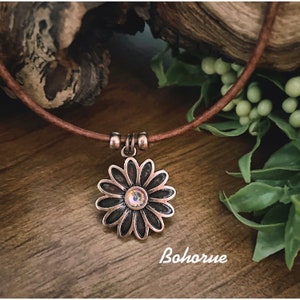 Flower Copper  Pendant Necklace/Copper Pendant Necklace/Boho Necklace/Leather Necklace/Copper Necklace
