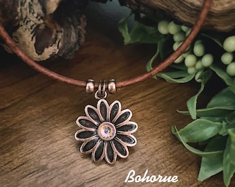 Copper Flower Pendant Necklace: Boho Leather Jewelry