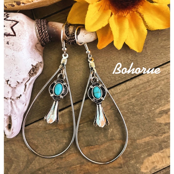 Southwestern Earrings/Boho Earrings/Teardrop  Earrings/Squash Blossom Earrings/Gypsy Boho Jewelry/Large Teardrop Hoops