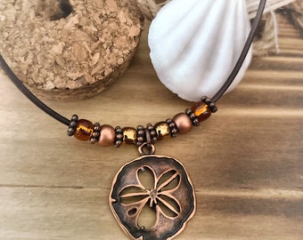 Sand Dollar Necklace/Copper Pendant Necklace/Leather Cord Necklace/Beach jewelry/Beach Jewelry/Leather Necklace