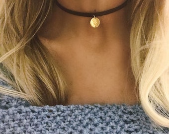 Choker/Gold Disc Choker/Leather Choker/Hammered Disc Choker/Gold Disc Necklace/Gold Hammered Necklace