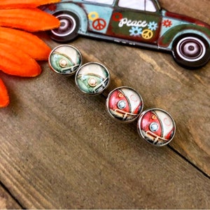 Volkswagen Beetle Stud Earrings: Red & Mint Green VW Bug (15mm)