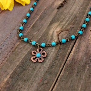 Turquoise beaded choker/Beaded choker/Flower choker/Dainty necklace/Hippie Choker/Boho necklace/Turquoise rosary choker/Rosary necklace image 3
