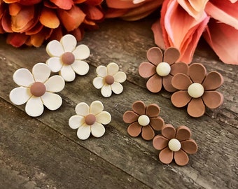 Flower earrings/cream flower earrings/brown flower earrings/prices for one pair/BoHo earrings/polymer clay earrings