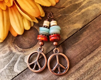 Peace Sign Earrings/Copper Earrings/Peace Sign jewelry/Boho earrings/Gypsy earrings/Gemstone earrings/Women’s jewelry/Hippie earrings
