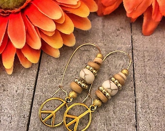 Orecchini con simbolo della pace/Orecchini boho/Orecchini/Orecchini hippie/Orecchini hippie/Orecchini con perline/Orecchini zingari/Simbolo della pace/Orecchini d'oro/Pendenti
