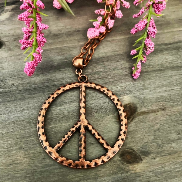 Antique Copper Peace sign necklace/Big hippie jewelry/vintage piece sign necklace/BoHo necklace/Big statement necklace