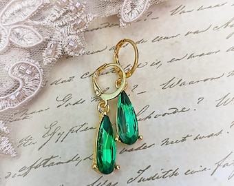 Emerald Green Teardrop Earrings: Gold Plated Leverback Hooks